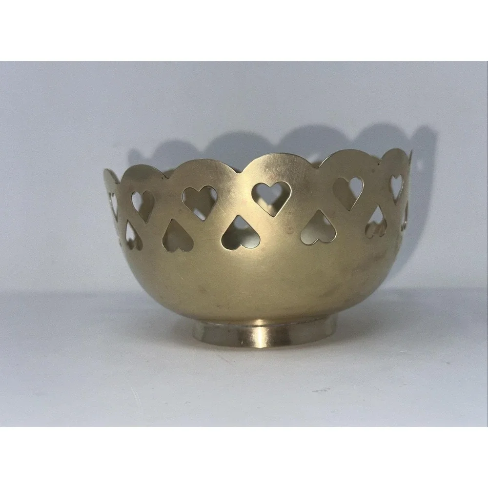 Vintage Solid Brass Heart Cut Out Bowl Scalloped Edge‎ India Polished Gold 4.75